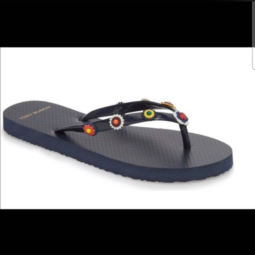 Tory Burch Marguerite navy flower flip flops 6.5/7
